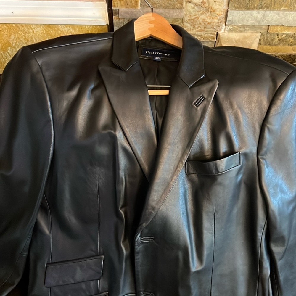 Paul Frederick, black leather sports coat, jacket, XXL